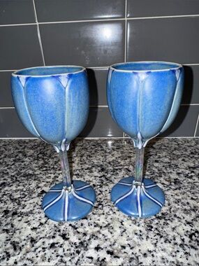 Pair of Blue Petal-Edged Ceramic Wine Glasses